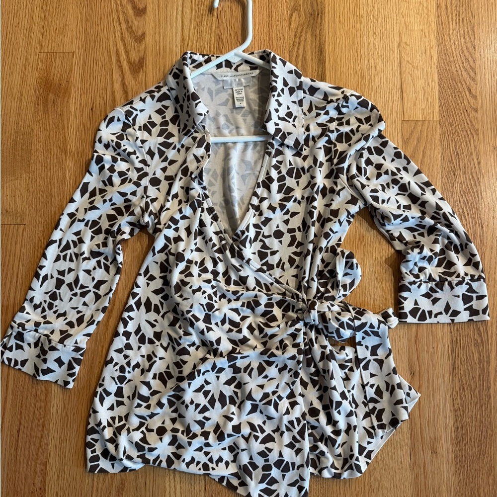 Diane Von Furstenberg Brown and Cream Silk Wrap Blouse